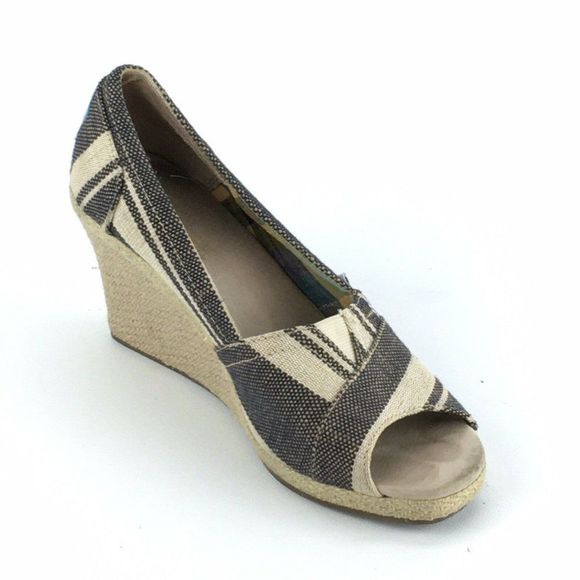 Toms Peep Toe Cork Wedges 6.5W Canvas Geometric Pattern Open Toe - Picture 7 of 11
